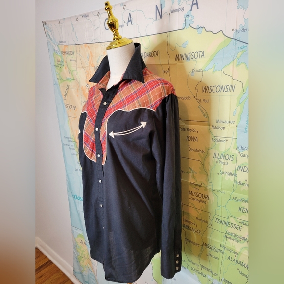 Vintage Black & Plaid Western Men's Shirt Rodeo Cowboy - Picture 3 of 14